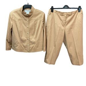 Carlisle Pantsuit Jacket Capri Pants Camel Safari Tan Cotton Blend Women Size 14